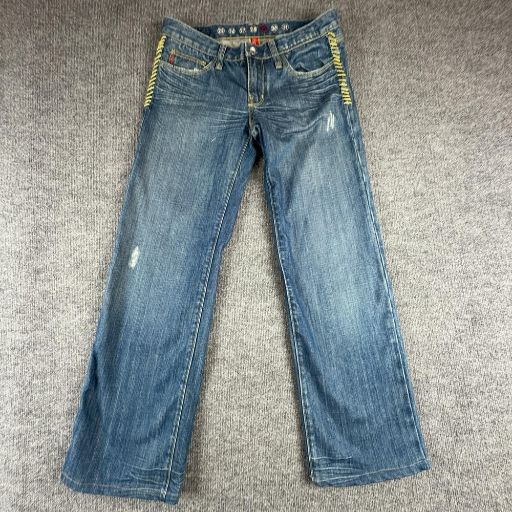 Vigoss Jeans Womens 29 Medium Wash Blue Mid Rise Straight Distressed Embroidered
